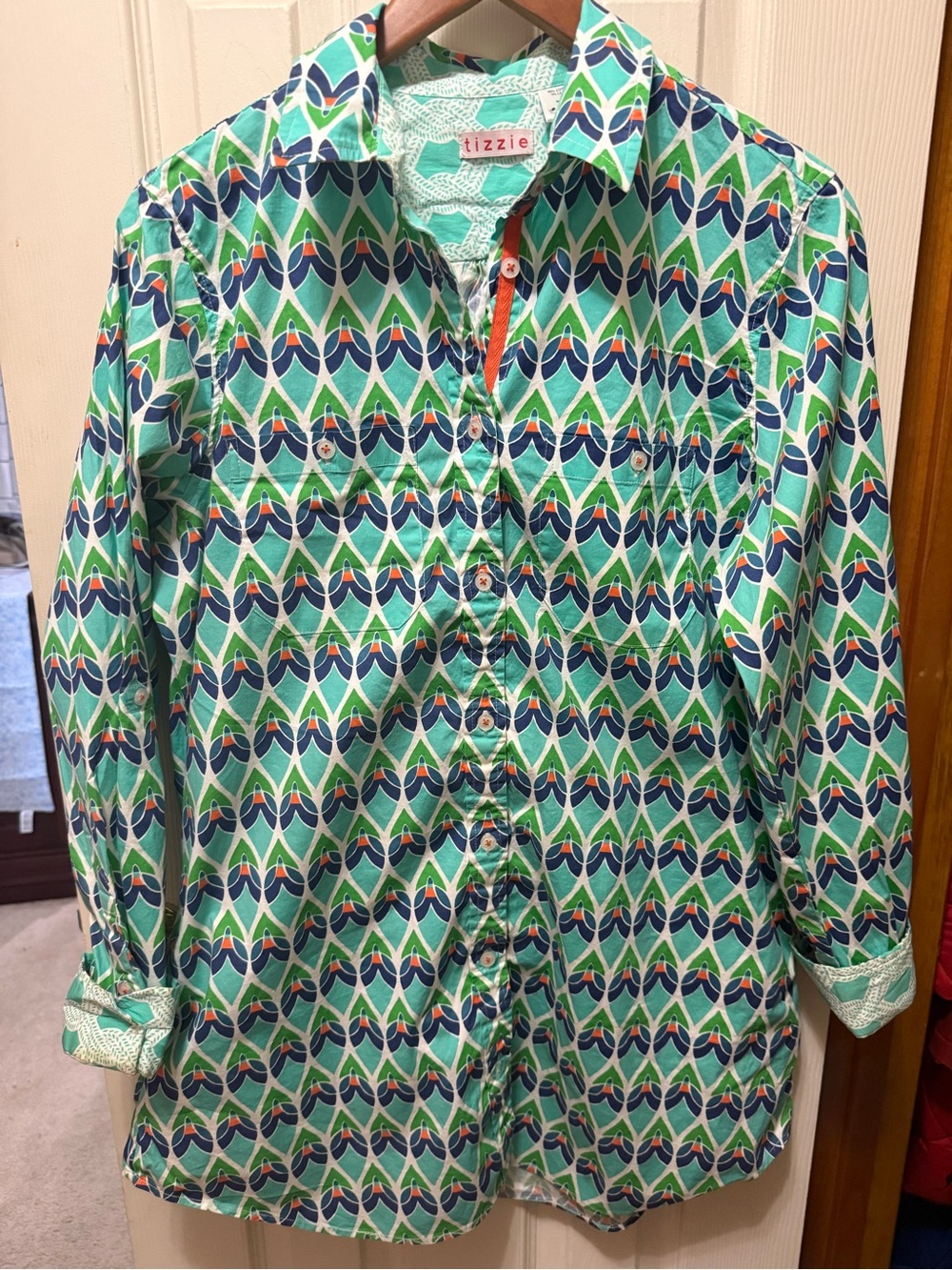 Tizzie Geometric Print Button-Up Shirt - Green & Navy Size Large